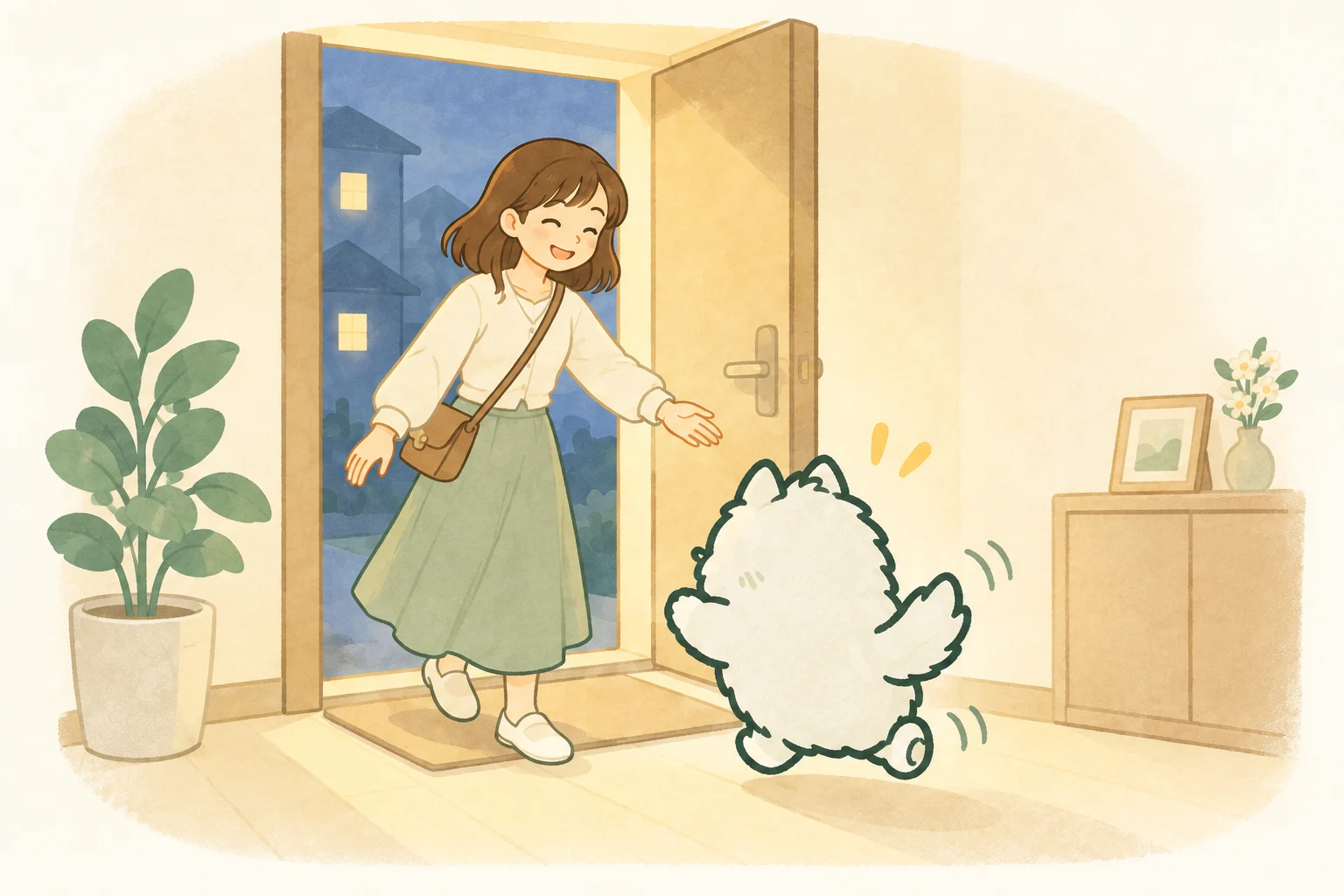夜晚女主人回到家,毛球开心地从客厅跑来迎接